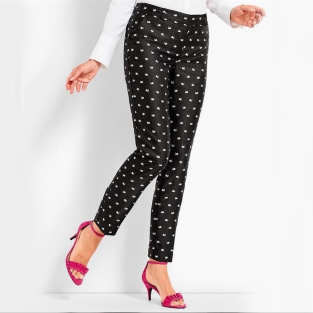 NWOT Talbots Black Satin Grosgrain Swan Print Ankle Pants Size 8